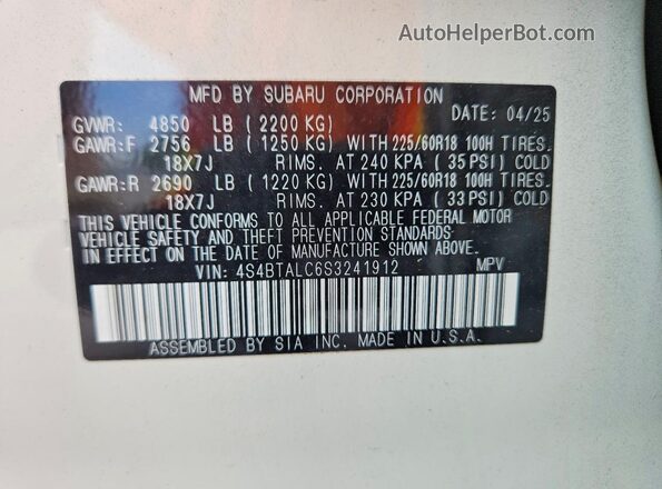 4S4BTALC6S3241912 2025 SUBARU OUTBACK White Widok wnętrza 360 stopni
