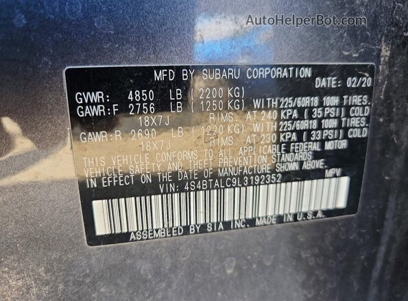 4S4BTALC9L3192352 2020 SUBARU OUTBACK Серый Панорамный вид салона 360°
