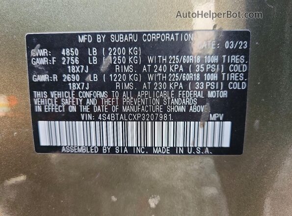 4S4BTALCXP3207981 2023 SUBARU OUTBACK Green VIN sticker view