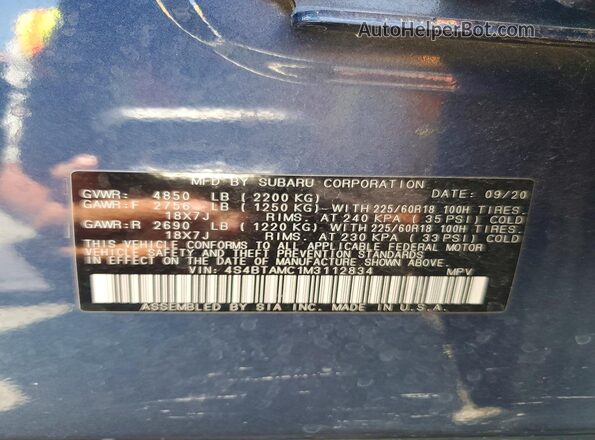 4S4BTAMC1M3112834 2021 SUBARU OUTBACK Blue VIN կոդի պիտակի տեսք