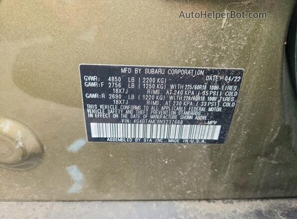 4S4BTAMC8N3237668 2022 SUBARU OUTBACK Green Widok naklejki z numerem VIN