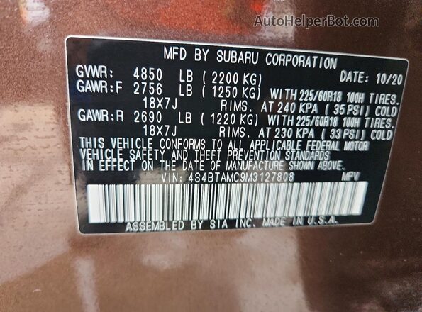4S4BTAMC9M3127808 2021 SUBARU OUTBACK Коричневый Вид наклейки с VIN-кодом