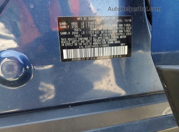 4S4BTANC0L3148852 2020 SUBARU OUTBACK Синий Вид наклейки с VIN-кодом