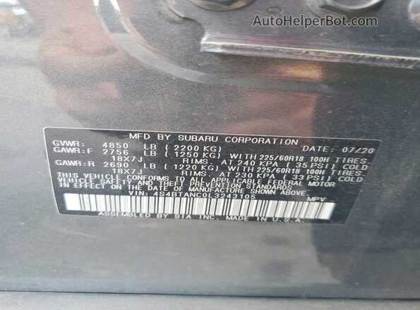 4S4BTANC0L3243105 2020 SUBARU OUTBACK Gray Vista del compartimento del motor