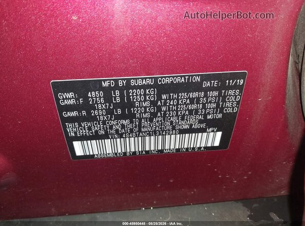 4S4BTANC1L3142980 2020 SUBARU OUTBACK Red ძრავის განყოფილების ხედი
