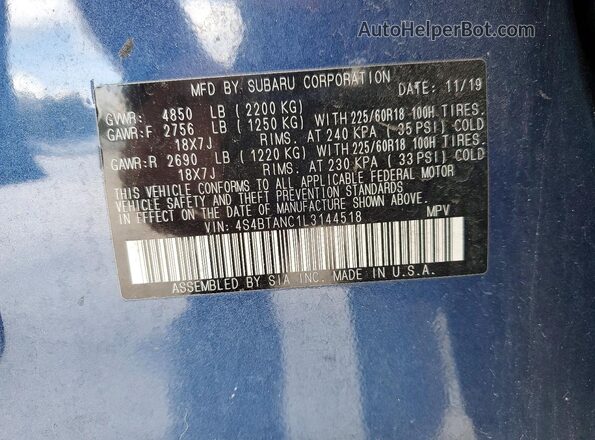 4S4BTANC1L3144518 2020 SUBARU OUTBACK Blue Vista del compartimento del motor