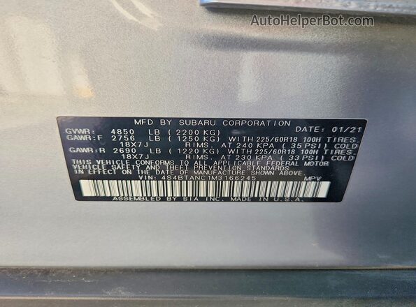 4S4BTANC1M3166245 2021 SUBARU OUTBACK Серебряный Вид наклейки с VIN-кодом