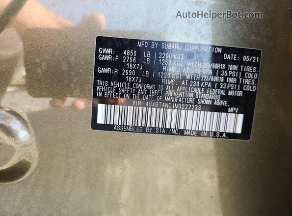 4S4BTANC1M3222233 2021 SUBARU OUTBACK Green 