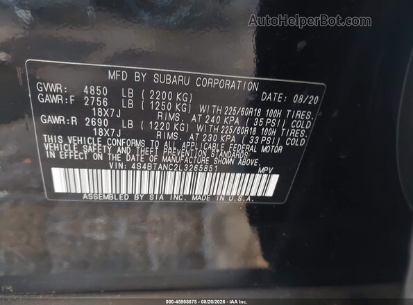 4S4BTANC2L3265851 2020 SUBARU OUTBACK Black Շարժիչի բաժամունքի տեսք