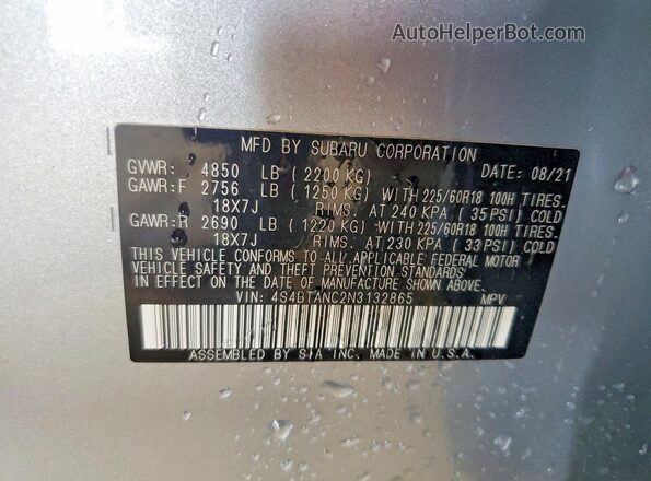 4S4BTANC2N3132865 2022 SUBARU OUTBACK Silver Панорамний вид салону 360°