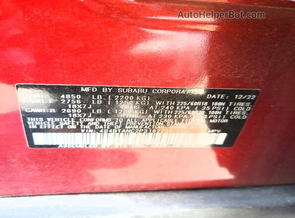 4S4BTANC2P3162239 2023 SUBARU OUTBACK Burgundy Вид наклейки з VIN-кодом