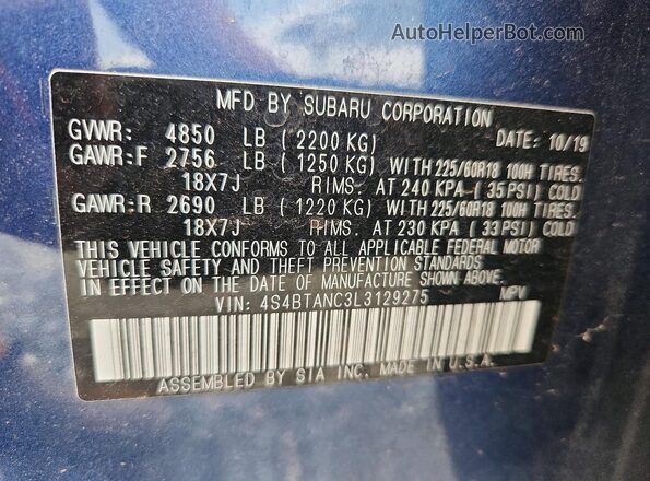 4S4BTANC3L3129275 2020 SUBARU OUTBACK Blue Вид наклейки з VIN-кодом