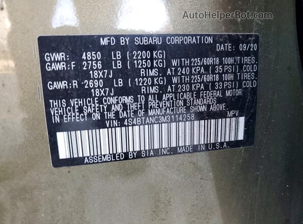4S4BTANC3M3114258 2021 SUBARU OUTBACK Green VIN կոդի պիտակի տեսք
