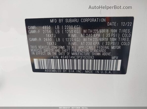 4S4BTANC3P3152092 2023 SUBARU OUTBACK White Vista del compartimento del motor