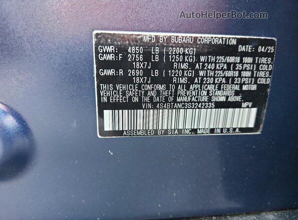 4S4BTANC3S3242335 2025 SUBARU OUTBACK Blue VIN կոդի պիտակի տեսք