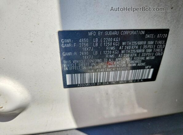 4S4BTANC4L3235525 2020 SUBARU OUTBACK White Панорамний вид салону 360°