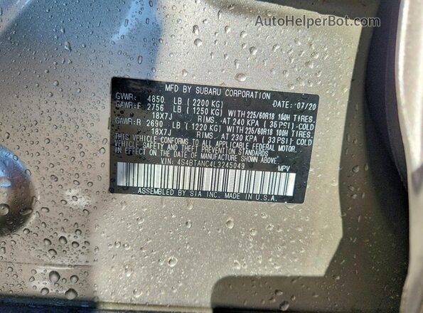 4S4BTANC4L3245049 2020 SUBARU OUTBACK Tan VIN კოდის სტიკერის ხედი
