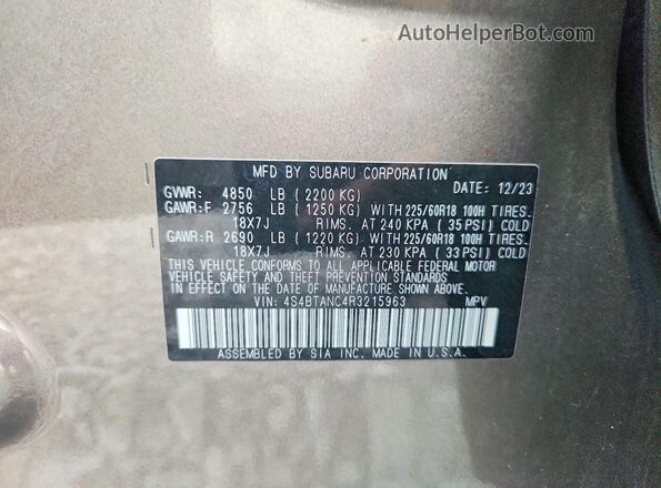 4S4BTANC4R3215963 2024 SUBARU OUTBACK Tan Вид наклейки з VIN-кодом