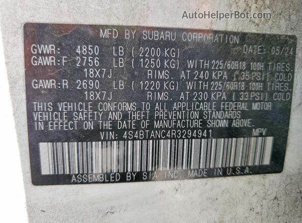 4S4BTANC4R3294941 2024 SUBARU OUTBACK White VIN sticker view
