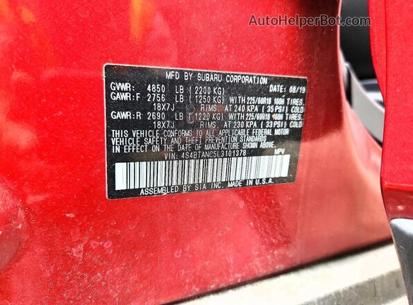 4S4BTANC5L3101378 2020 SUBARU OUTBACK Burgundy VIN sticker view