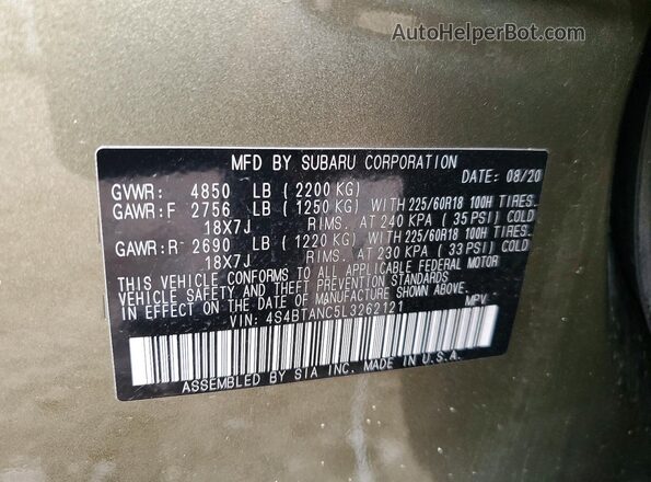 4S4BTANC5L3262121 2020 SUBARU OUTBACK Green Widok naklejki z numerem VIN