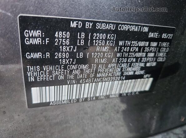 4S4BTANC5N3252014 2022 SUBARU OUTBACK Gray Вид підкапотного простору