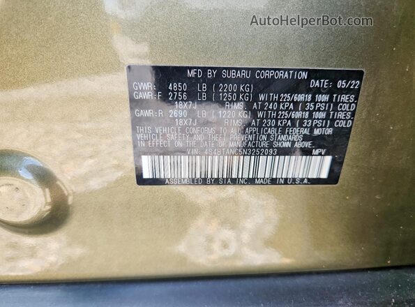 4S4BTANC5N3252093 2022 SUBARU OUTBACK Green 360 interior view