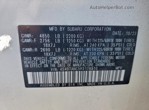 4S4BTANC5R3178910 2024 SUBARU OUTBACK White Панорамний вид салону 360°
