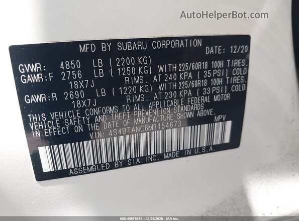 4S4BTANC6M3154673 2021 SUBARU OUTBACK White Vista del compartimento del motor
