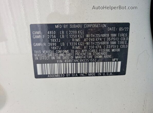 4S4BTANC6N3251552 2022 SUBARU OUTBACK Бежевый Вид наклейки с VIN-кодом