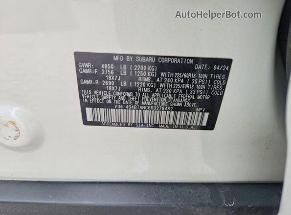 4S4BTANC6R3278482 2024 SUBARU OUTBACK White Widok naklejki z numerem VIN