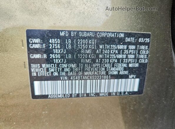 4S4BTANC6S3231801 2025 SUBARU OUTBACK Green Vista de la etiqueta del VIN