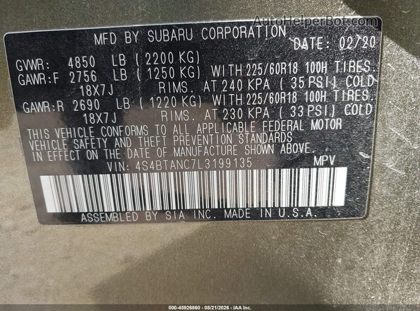4S4BTANC7L3199135 2020 SUBARU OUTBACK Green Вид підкапотного простору