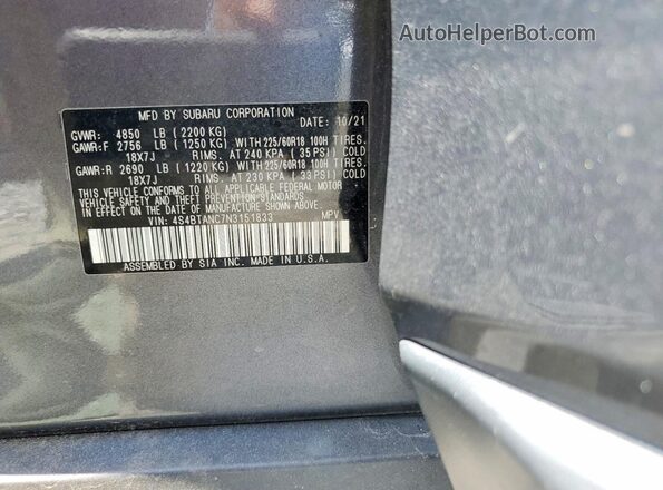 4S4BTANC7N3151833 2022 SUBARU OUTBACK Gray Widok naklejki z numerem VIN