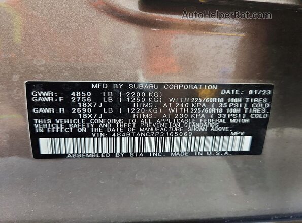 4S4BTANC7P3165069 2023 SUBARU OUTBACK Tan VIN კოდის სტიკერის ხედი