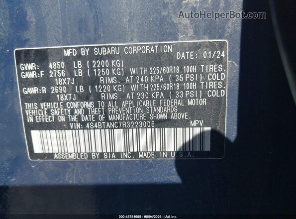 4S4BTANC7R3223006 2024 SUBARU OUTBACK Dark Blue Widok komory silnika