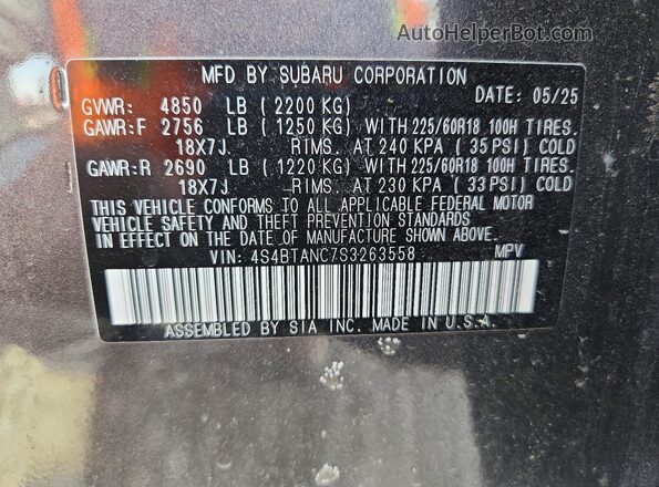 4S4BTANC7S3263558 2025 SUBARU OUTBACK Угольный Вид подкапотного пространства