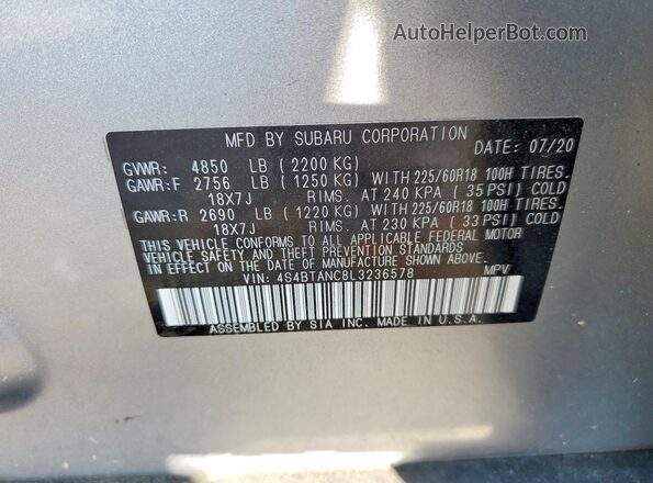 4S4BTANC8L3236578 2020 SUBARU OUTBACK Gray VIN კოდის სტიკერის ხედი