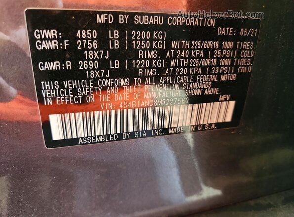4S4BTANC8M3227560 2021 SUBARU OUTBACK Gray VIN sticker view