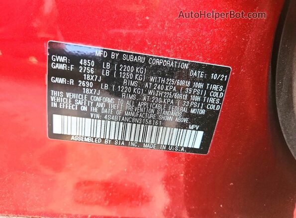 4S4BTANC8N3158161 2022 SUBARU OUTBACK Red Vista de la etiqueta del VIN