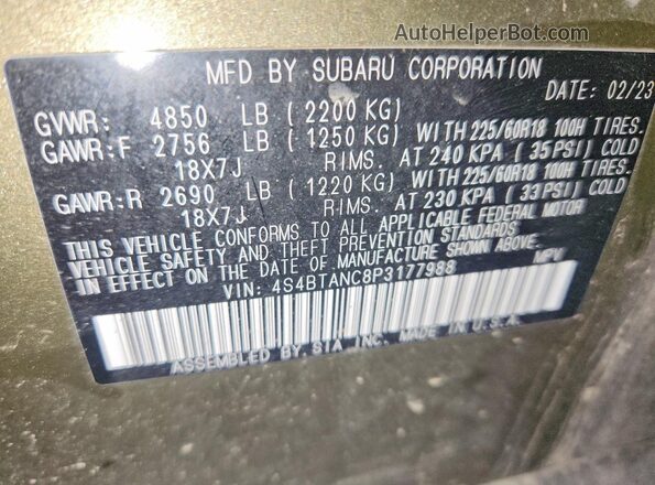4S4BTANC8P3177988 2023 SUBARU OUTBACK Green VIN կոդի պիտակի տեսք