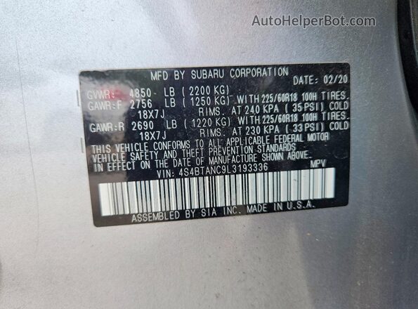 4S4BTANC9L3193336 2020 SUBARU OUTBACK Silver Вид наклейки з VIN-кодом