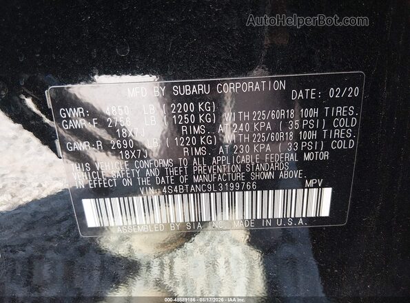 4S4BTANC9L3199766 2020 SUBARU OUTBACK Black Вид підкапотного простору