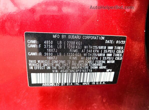 4S4BTANC9P3165719 2023 SUBARU OUTBACK Burgundy VIN sticker view