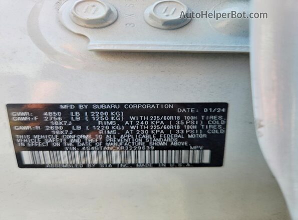 4S4BTANCXR3229639 2024 SUBARU OUTBACK Белый Вид наклейки с VIN-кодом