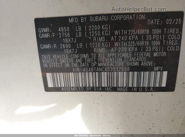 4S4BTANCXS3217500 2025 SUBARU OUTBACK White Widok komory silnika