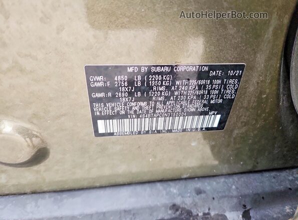 4S4BTAPC0N3150004 2022 SUBARU OUTBACK Green Widok naklejki z numerem VIN