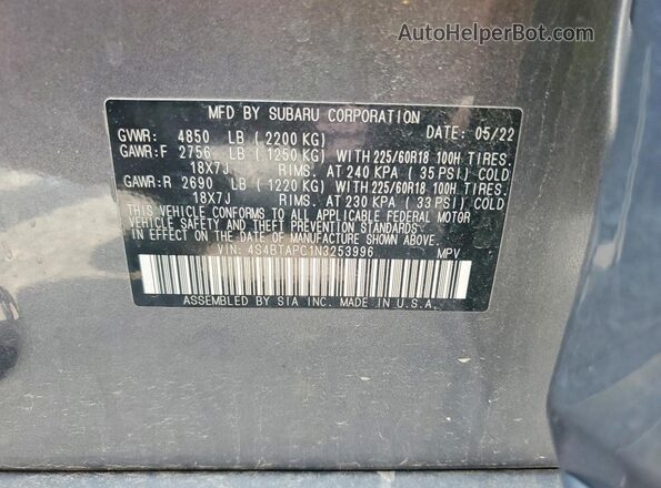 4S4BTAPC1N3253996 2022 SUBARU OUTBACK Угольный Вид наклейки с VIN-кодом