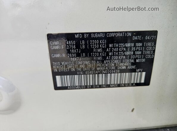 4S4BTAPC2M3209438 2021 SUBARU OUTBACK White Вид наклейки з VIN-кодом