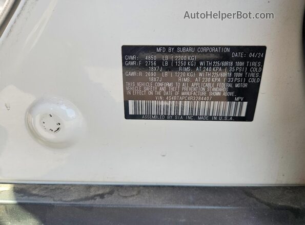 4S4BTAPC4R3284407 2024 SUBARU OUTBACK White სალონის 360-გრადუსიანი ხედი
